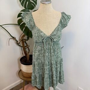 Hollister Mini Dress Womens Medium Green Paisley Floral Boho Smocked Cutout